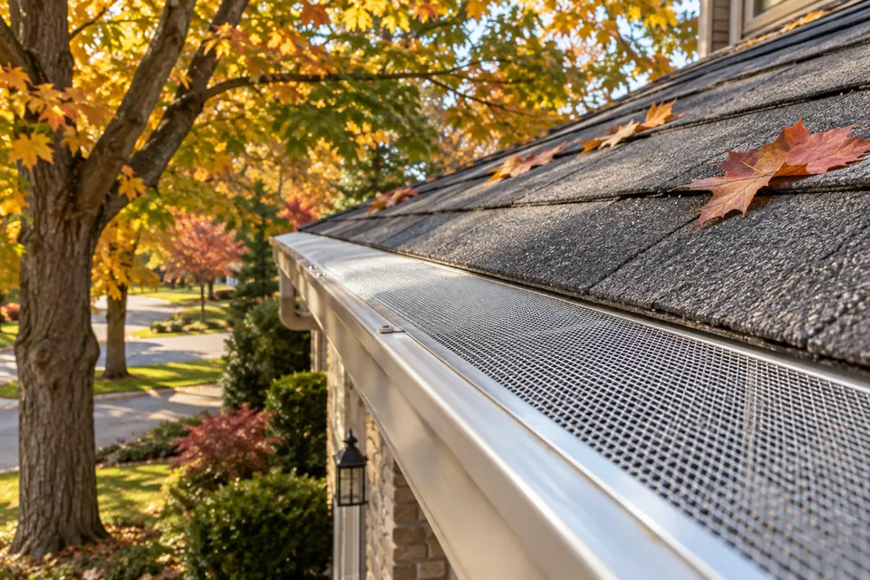 Close view of leaf protection fitted to an aluminum trough