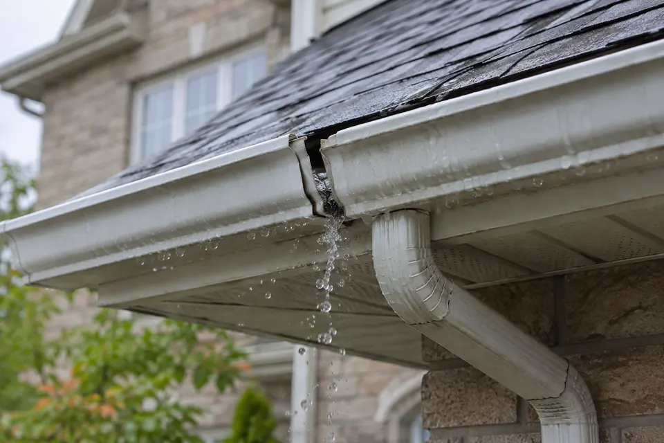 Eavestrough and outlet detail viewed at the roofline