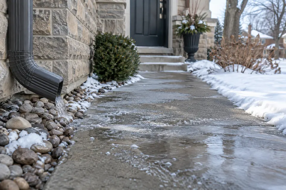 Downspout ending beside an Oakville foundation wall