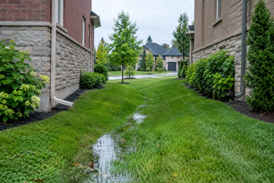 Downspout extension directing water across a landscaped Oakville lot
