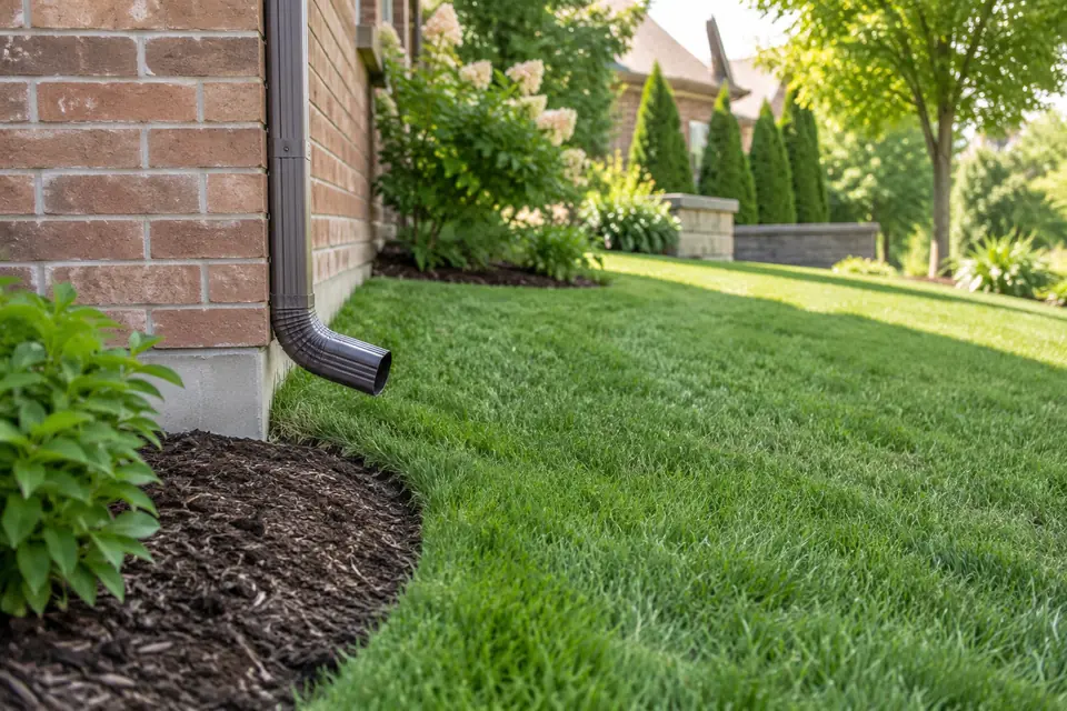 Downspout straps aligned along a masonry wall