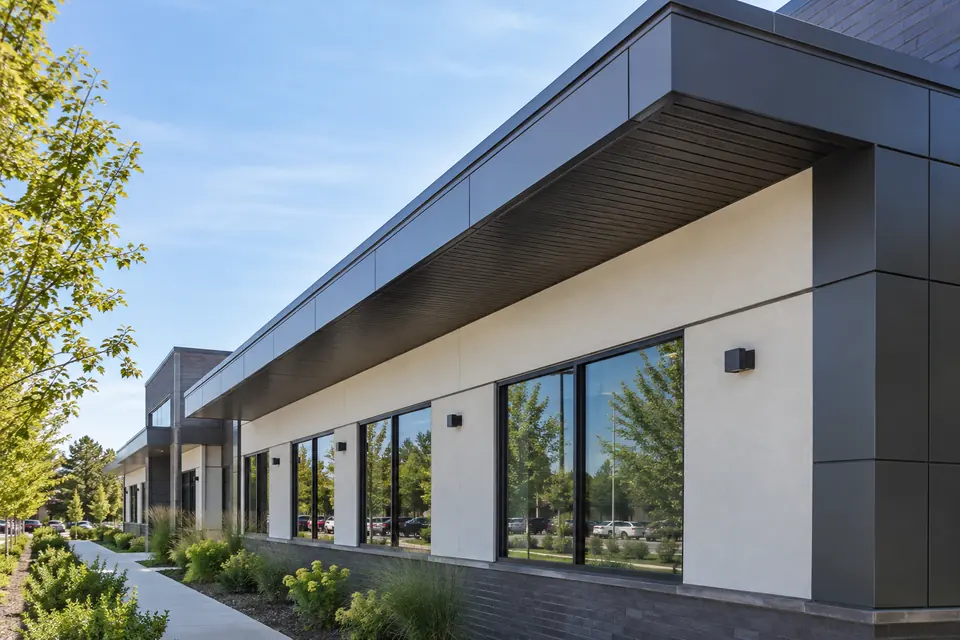 Commercial eavestrough cleaning at an Oakville retail plaza