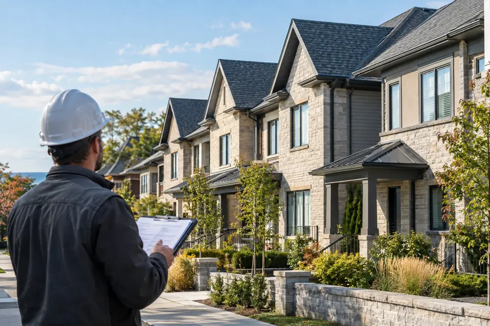 Property manager reviewing townhouse rooflines in Oakville