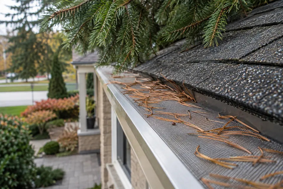 Gutter cleaning along an Oakville roof edge