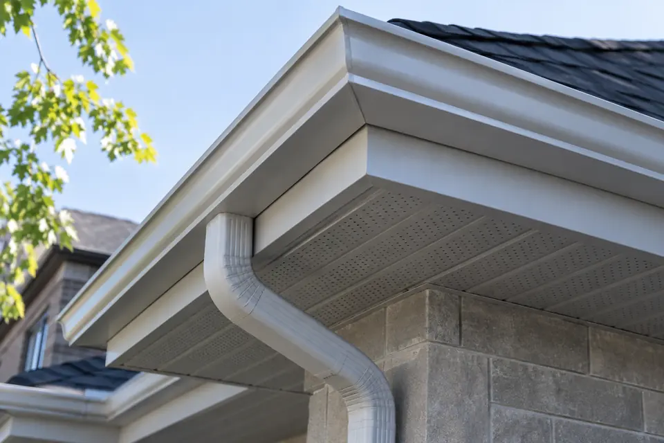 White eavestrough on red brick