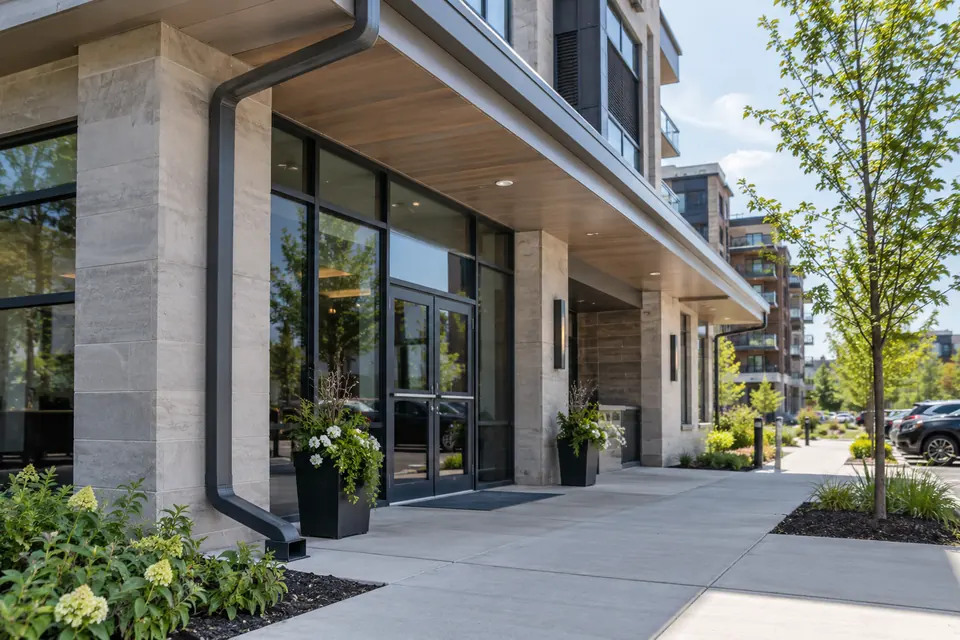 New commercial eavestrough on an Oakville low-rise property