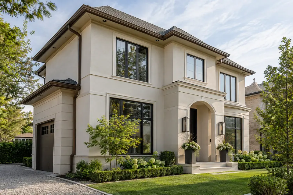 New charcoal eavestroughs on a limestone Oakville home