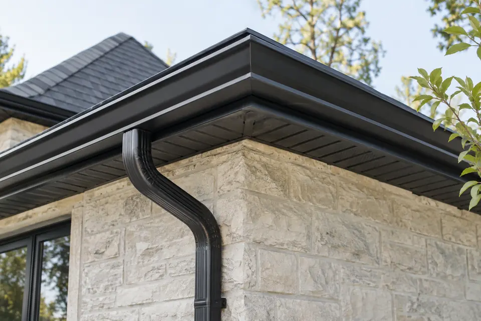 Eavestrough and outlet detail viewed at the roofline