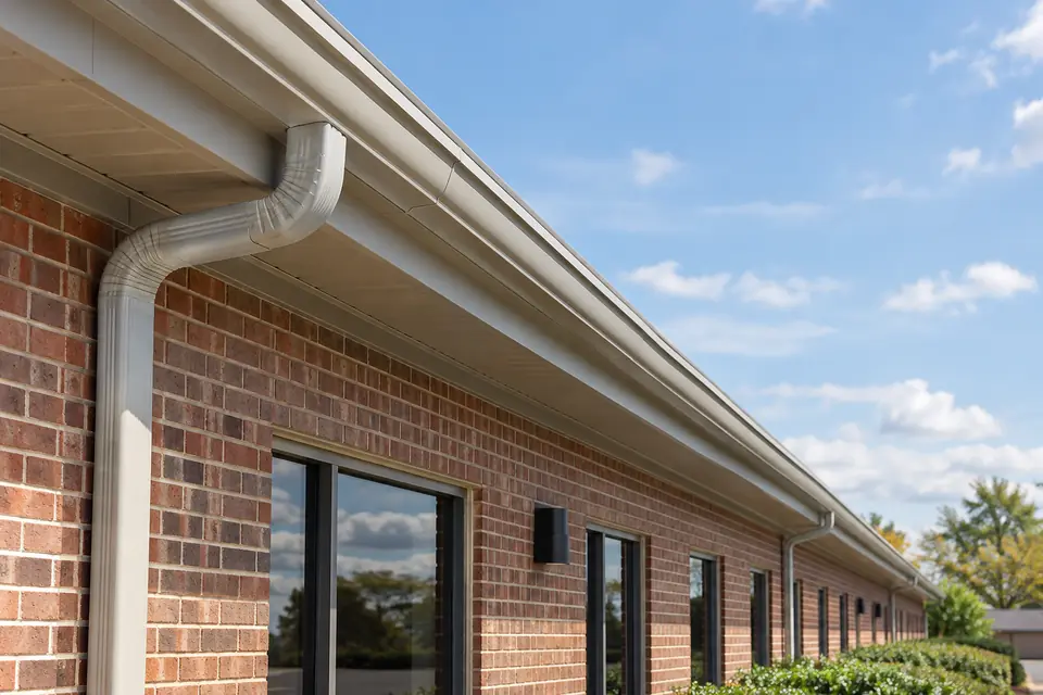 Roof-edge debris along a low-rise commercial building