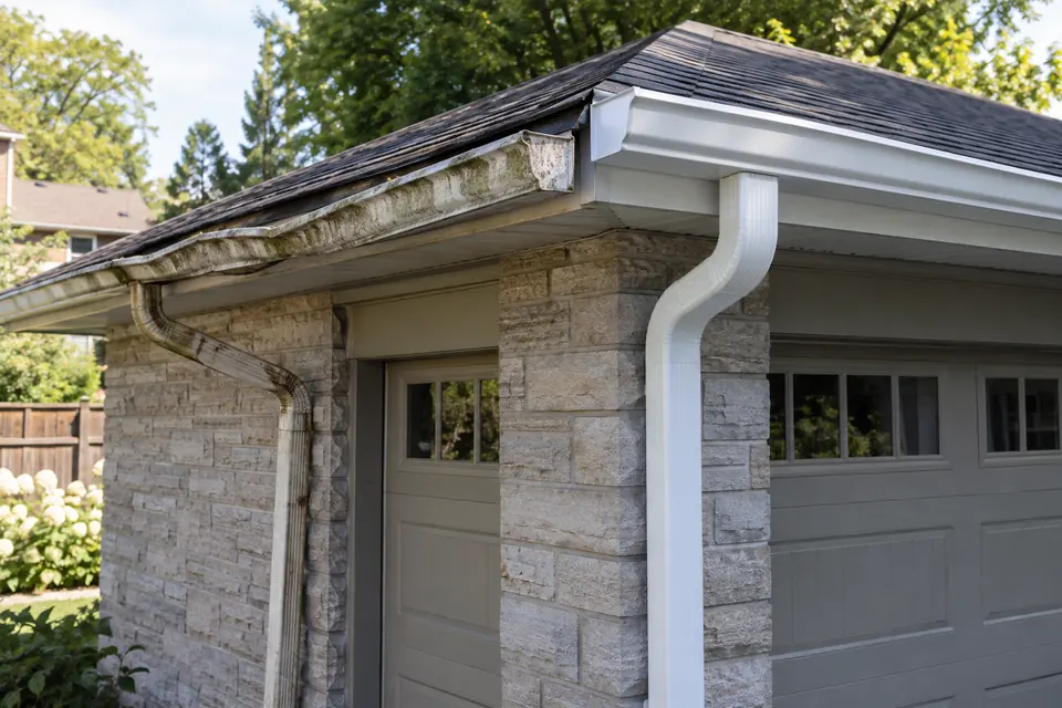 Eavestrough and outlet detail viewed at the roofline
