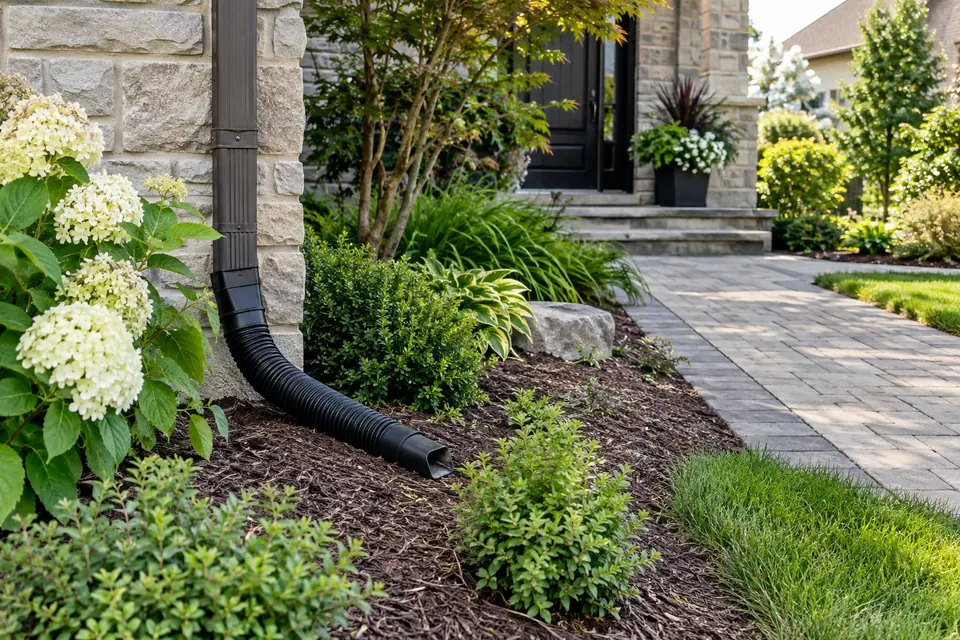 Concrete splash pad carrying discharge away from a foundation